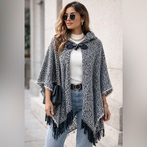 Hooded Fringe Knit Poncho Black & Gray Toggle Closure Boho Chic One Size